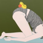 Jillian Evelyn - slumped female figure wearing stripped black and white top with fruits on her hips and back