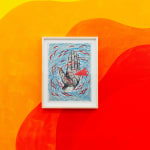 Andrew Schoultz - framed painting of hand on blue background