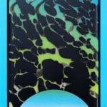 blue and green background with black splatter type pattern in foreground with blue half circle on the bottom in blue frame