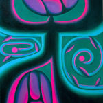 painting by Jocelyn Tsaih of a figure with a blue and pink outline with pink flowers and green and blue swirls around it
