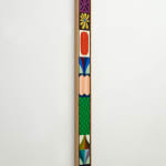 Vertical painting with small designed stacked on top of each other featuring a yellow flower, a red feather, a sun, a checkered green design, a diamond shaped design and a blue flower