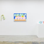 Install image of "Cosmic Bloom." From left to right, "Wall Frond," "Bouquet Painting No. 45," Rachel Strum's SLICE sculptures.