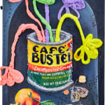 Nic Dyer mixed media painting of Cafe Bustelo container, puffy flowers inside. Moths and fruit scattered below can