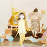 Ester Tuva - Painting of a little girl wearign yelow top and bottom in a living room with two other women behind her.
