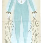 Watercolor painting of a human body in light blue with a human face on the chest and a seashell as a head and roots coming out of the hands floating above an eye