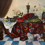 Painting of a lush still-life dinner scene featuring a large lobster and a small dog on a blue and white checkered floor by Sabrina Bockler