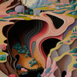 Painting of a colorful landscape with winding roads and caves