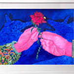 David Heo collage of two red hands holding a rose covered in thorns over a blue background