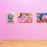 David Heo's piece on paper of a green vase with a pink and purple background