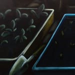 detail of Grace Tobin painting - sprouts in containers in the dark
