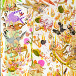 Detail shot of a painting by Mu Pan of creatures, animals and human hybrids eating, sleeping, killing, flying and climbing