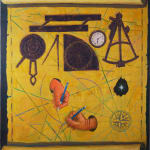 Paul Gagner painting of cartography tools on top of a map and two hands drawing