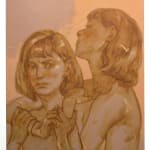 Self portrait of the artist Rachel Gregor. Rachel is holding herself, one version is looking forward and the other has its arms wrapped around the others shoulders, her head faces away