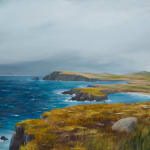 A painting of an ocean and cliff landscape with small numbers measuring angles and depth