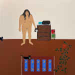 painting of a nude woman holding a CD in her hand, in a somewhat empty room with two cats, a potted plant, and shelf full of miscellaneous objects by Gina M. Contreras