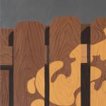 Detail of Natalia Juncadella painting of wooden fence with shadows cast over it and orchid