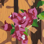 Detail of Natalia Juncadella painting of wooden fence with shadows cast over it and orchid