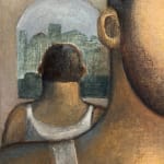 one male figure lookout out with another male figure with his back turned behind him detail