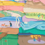 detail photo of a painting of folded laundry with scenes hidden in them