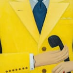 Painting by Angela Burson depicting a man in a yellow suit holding a black telephone in his hands