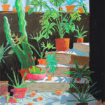 painting of an exterior set of stairs, filled with plants and discarded cans by Nicholas Bono Kennedy