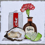 drawing of coke can, oyster, limes, and bottle with flower