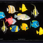 framed painting of various colorful fish on black background