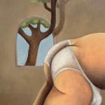 painting of a male figure curled over himself with a tree coming in from the window detail