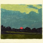 painting of a landscape with setting sun and pale yellow border