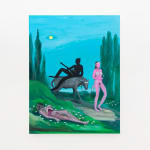 Corey K. Lamb - female figure leads horse with shadowed figure riding past body in grass