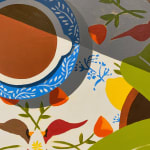 Natalia Juncadella painting of coffee cup and plants on background with birds and lemons detail