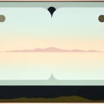 painting by Madeleine Tonzi of a landscape in neutral greens, blues, and pinks with a black border at the bottom