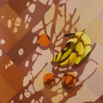 Natalia Juncadella painting of floor with shadows cast over it, and bananas / oranges
