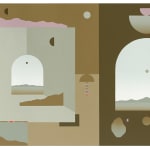 Madeleine Tonzi - Painting separated into two unevenly and each side with layering landscapes, shells, abstract shapes.
