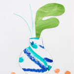 CHIAOZZA - paper collage of green lumpy leaf and light cyan stems coming out from a white with blue diagonal stripe and dot vase with orange circle near by them