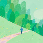 Danym Kwon - detail of "Thinking of You". A person in blue top and bottom walking through the purple and yellow checker road, surrounded by grass and yellow flowers, into the forest.