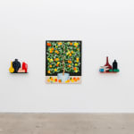 Installation image of Brown Vase, Black Bottle, 2 White Bowls, Blue Mug and 3 Apples at Hashimoto Contemporary