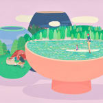 Danym Kwon - painting of vases and a bowl. On one vase painted a father bringing his son to camping in a forest, in the bowl was a forest and a lake, the father and son doing stand up paddle board. The background is pastel purple.