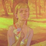 yellow toned painting of a woman holding a big gulp cup by Rachel Gregor