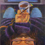 above view self portrait painting of artist Paul Gagner holding a cup of coffee and a paintbrush