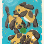 David Surman - painting with cyan background and white sun in the left top corner, three dogs stacking on top of each other, the top two are playing a green ball, the bottom one is sleeping