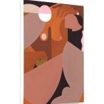 Abstract painting of a woman hunched over with her arm over her neck.