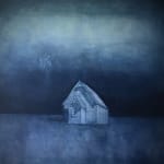 Painting of a small a frame church next to a palm tree in blue tones