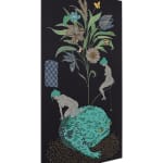 Oona Brangam-Snell hand-woven embroidery of large frog, flowers and fairy like women