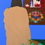 painting of a nude woman's back toward the viewer, grasping a floral bedspread while facing a bright blue wall and shelf with various colorful objects by Gina M. Contreras