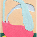 CHIAOZZA - pigmented paper pulp mix media work of lumpy plants coming out from a pink vase shape like a shoe.