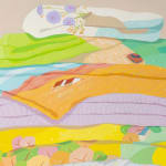 Danym Kwon painting of stacked folded sheets with patterns, trees, florals, etc