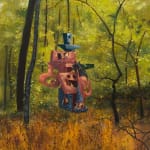 Painting of a forest with lush green trees and amber grass. Floating above the grass is an abstract pink and blue figure.