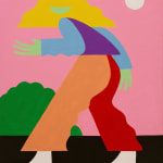 Painting of woman walking by a bush and the sun.