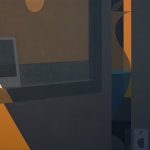 Still life painting of wall with a door slightly open. On the wall next to the door is a picture frame with a polaroid picture resting on the ledge of the frame. On the other side of the open door is a large vase. There is a shadow being cast on the wall.